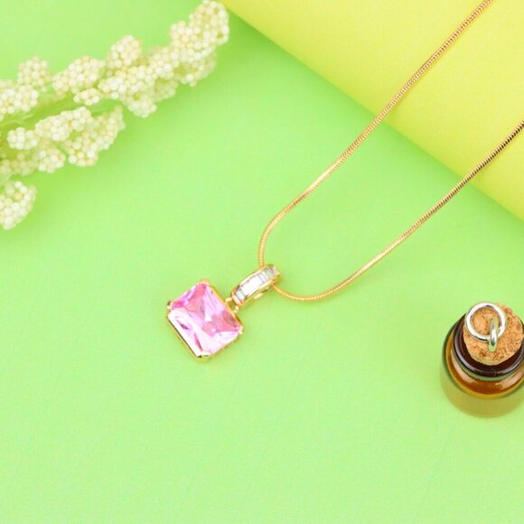"Chic Pink Emerald Cut Pendant with Baguette Bail in Rose Gold Tone, XPPT1780 - Picture 11 of 13
